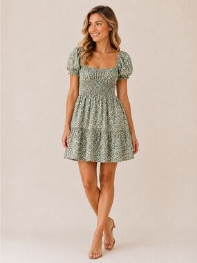 Hollister NWT Sage Green Floral Open Back Mini Dress Smocked Puff Sleeve Small